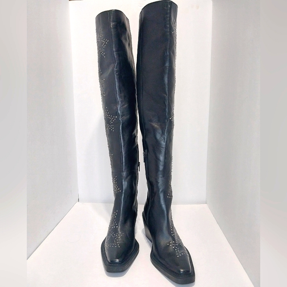 Nasty Gal Real Leather Star Studded Over The Knee Western Boots, NEW, Size 36 - Picture 3 of 14